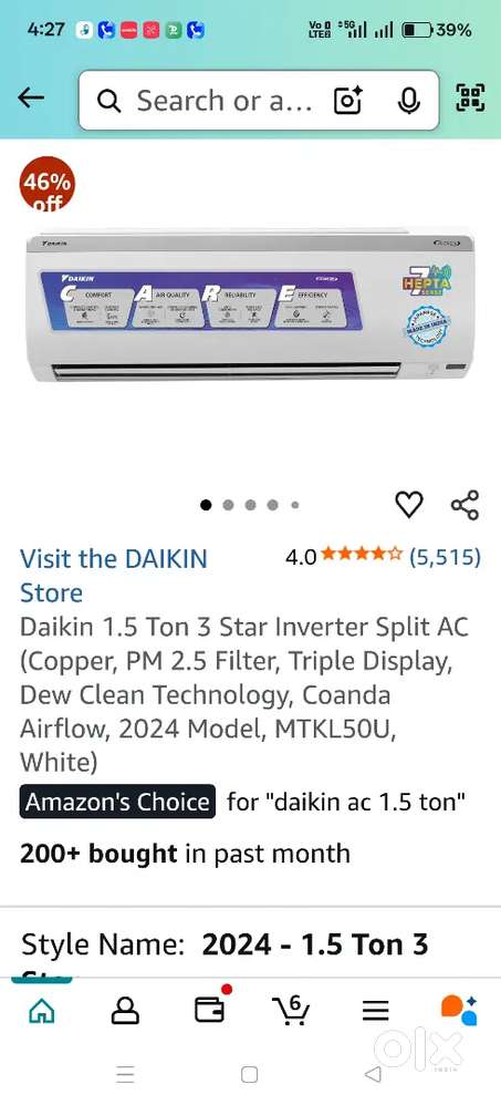 DAIKIN 1.5 TON 3 STAR AC NEW MODEL.BRAND NEW SEAL PACK WITH BILL .