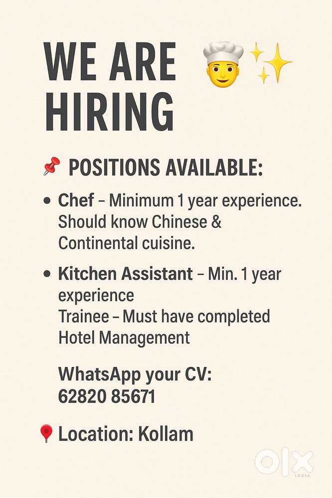 Wanted pan asian chef ,barista & hotel management students.