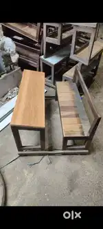 Wooden chair and bench attached