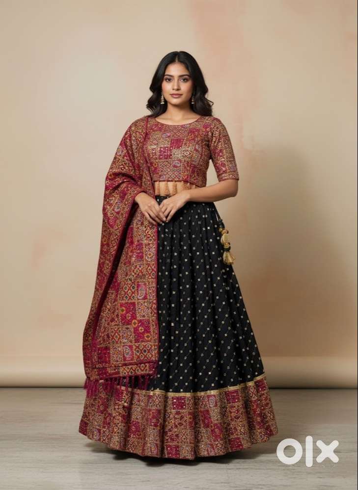 Traditional Black & Maroon Embroidered Lehenga Set (Stitched with Blou
