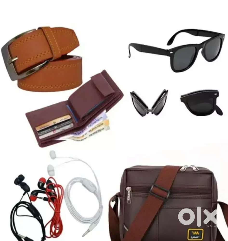 Hand bag, folding sunglass, casual belt, wallet, 3 earphone leads