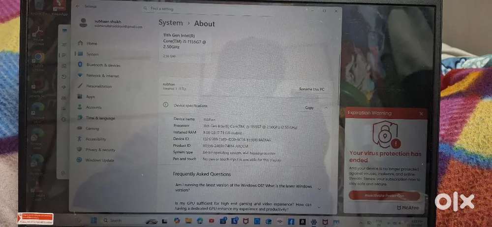 lenevo ideal pad 15inch i5 11gen 8/512 ssd