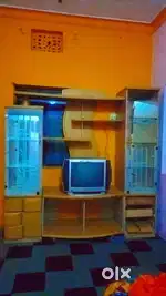 Wooden Wall Unit with Glass Cabinets & Lights – Spacious & Elegant