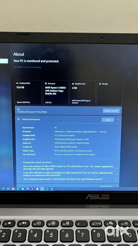 Asus Rizen 5 3500 U with 12GB Ram