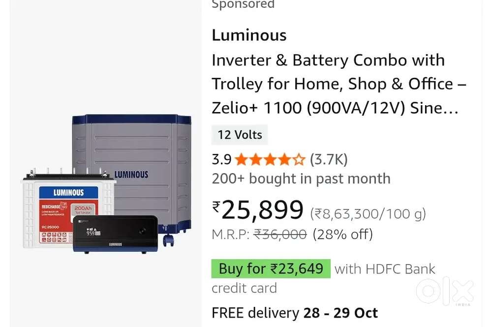Luminous Inverter- Zolt 1100 (900VA/12V) Pure Sine Wave Inverter