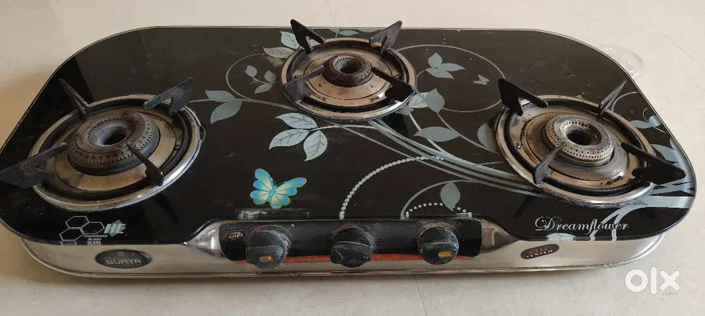 Surya gas stove 3 burner steel body glass top