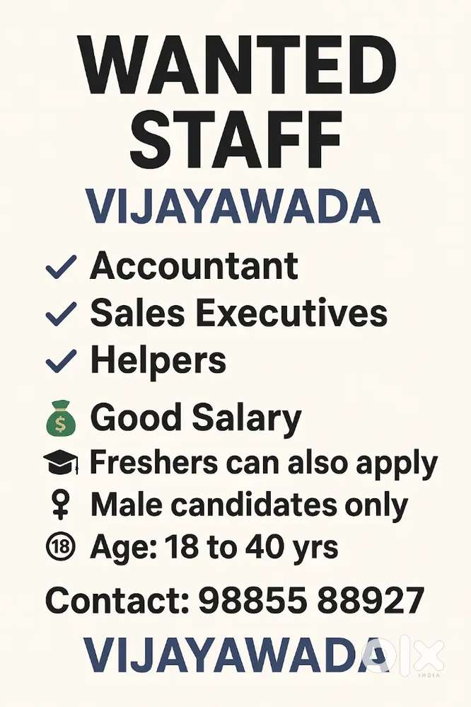 Wanted staff sales executive/ accountant/ helper's