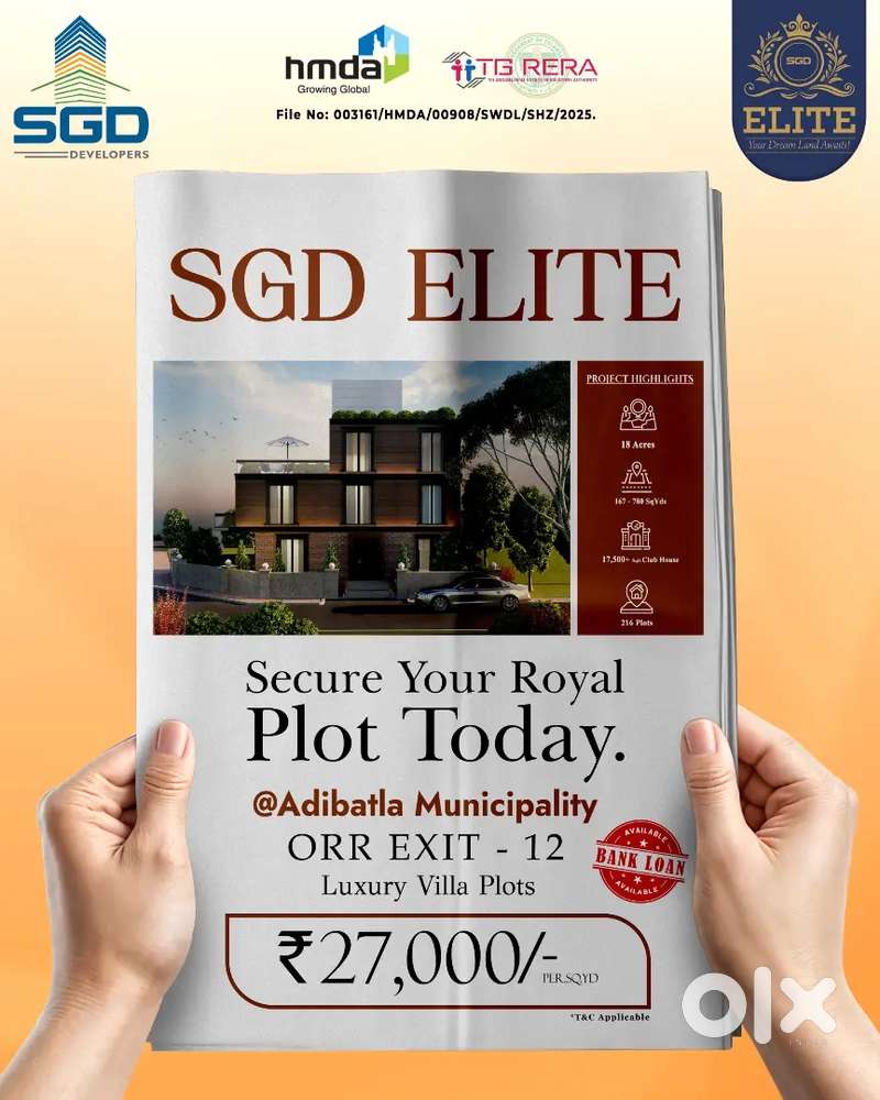 HMDA TGRERA APPROVED, PRIME LOCATION, 100 FT RD FACING, ONLY 27K PSQY