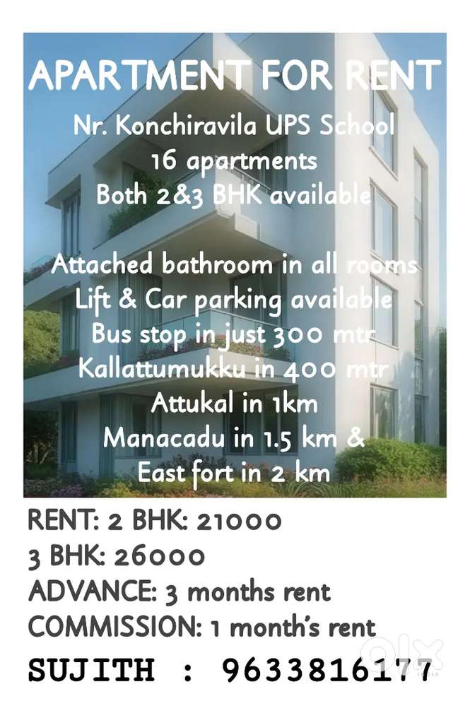Manacadu konchiravila new apartment for rent