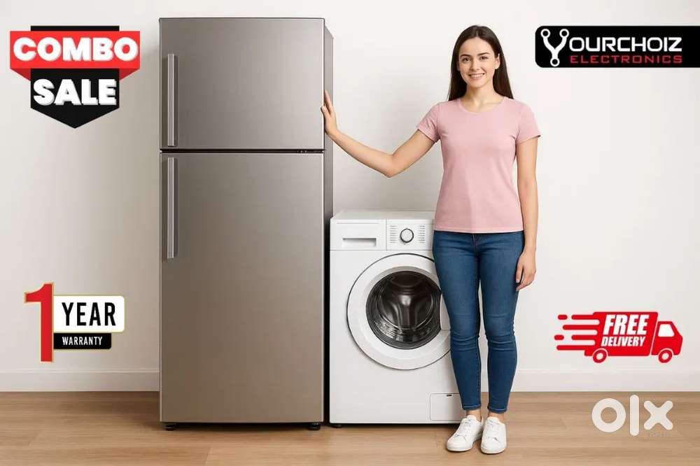 Double door fridge and front load washing machine in working condition