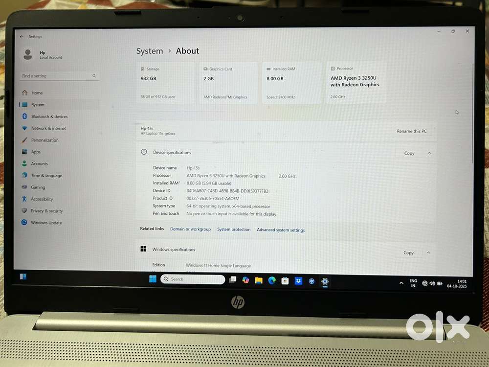 HP15s,AMD Ryzen3 3250U,Radeon Graphics,8GB RAM/1TB HDD,Windows 11