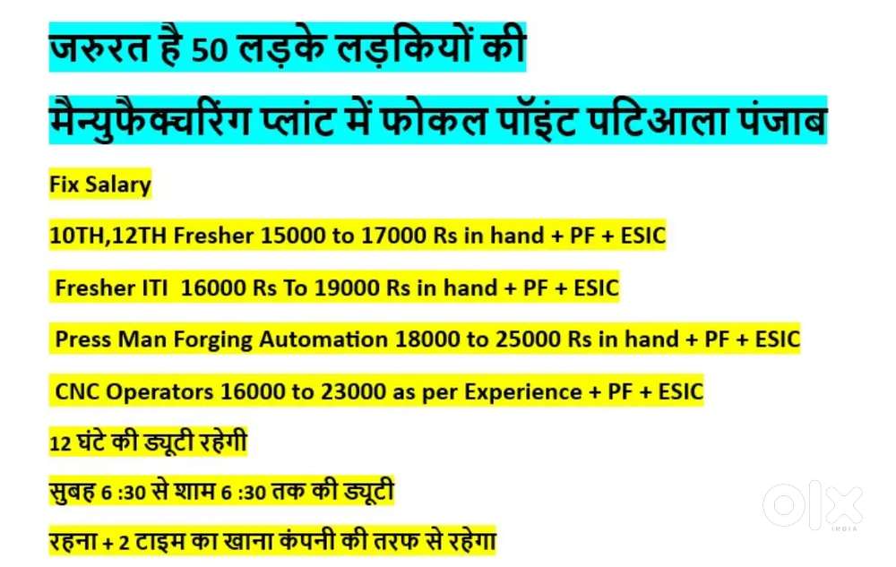 Need 20 Boys/Girls Quality Associate Work Location Daulatpur Patiala