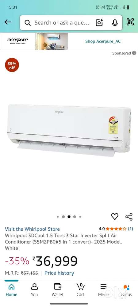 Whirlpool 3DCool 1.5 Tons 3 Star Inverter Ac (S5M2PB0)(5 In 1 convert)