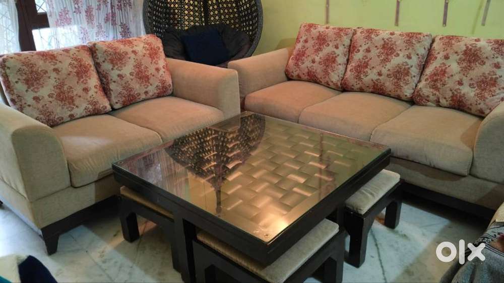 5-Seater Sofa Set with Glass Top Center Table & Stools