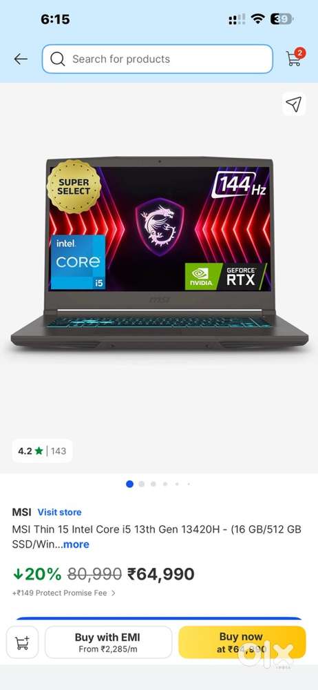 MSI Gaming Laptop Corei5 13th Gen 16/512/4GB