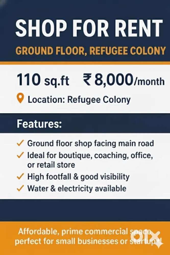 Prime Ground Floor Shop for Rent in Refugee Colony - Main Road Facing!