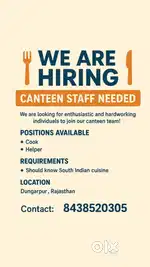 South indian cook needed for canteen in rajasthan(stay and food free)