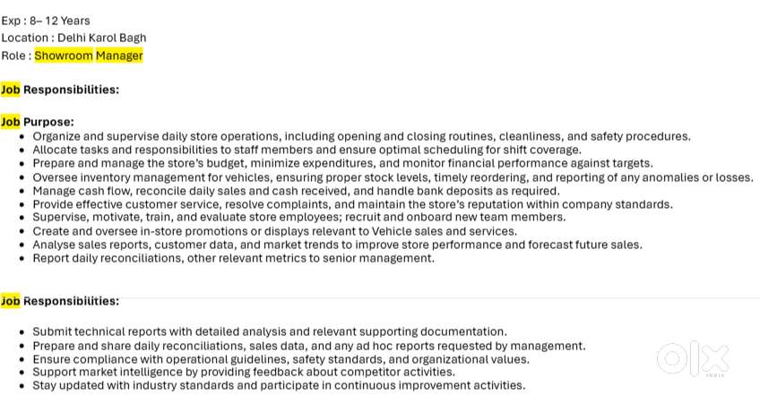 Showroom Manager-Automobile Industry