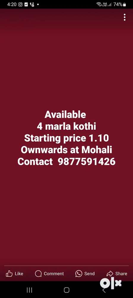 4 marla kothi single double Triple starting price 1.10 at Mohali