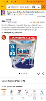 Finish 50 Tablets, Powerball Quantum All in 1 Max Dishwasher Tablets