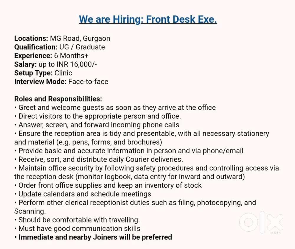 We're Hiring Front Desk Executive
