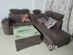 L-Shaped Sofa 5 Seater with 2 Puffy, Centre Table & Cushions