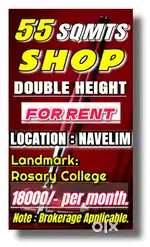 55 SQMTS DOUBLE HEIGHT SHOP AVAILABLE FOR RENT IN NAVELIM.