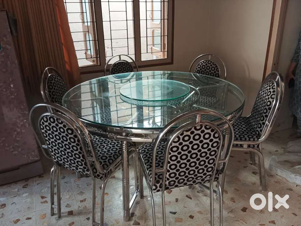 ROUND GLASS DINING TABLE SIX CHAIR
