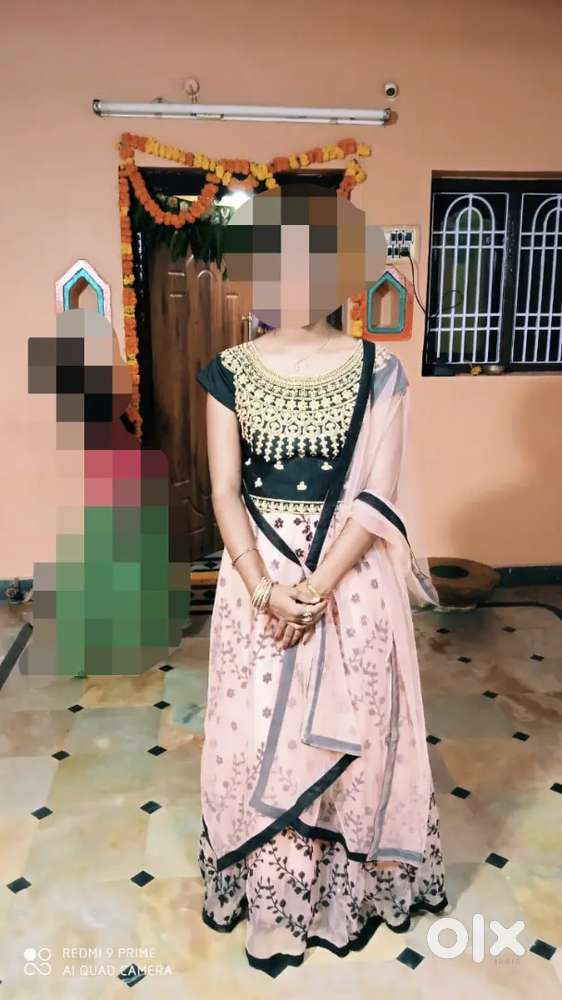 Elegant Black & Pink/Peach Floral Dress with Dupatta - Size L