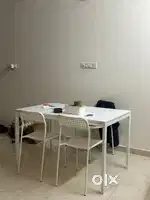 Bed,ikea table, 4chairs, desktop table ,Easy chair, lamp, white board
