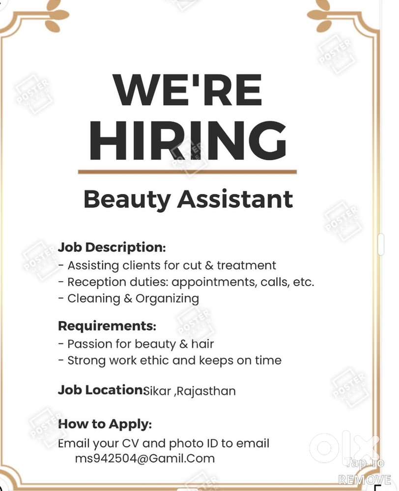 Beauty parlour job Beautician/Hair Stylist -  Fresher & Experience