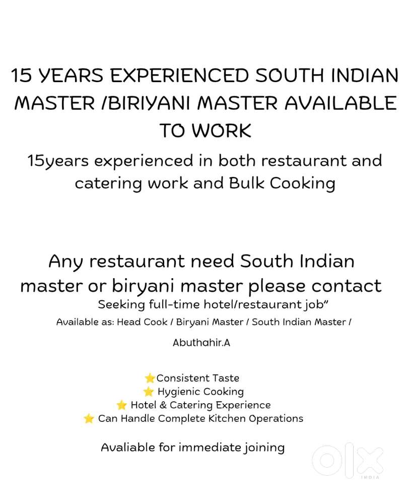 Experienced Biryani Master Available – Coimbatore