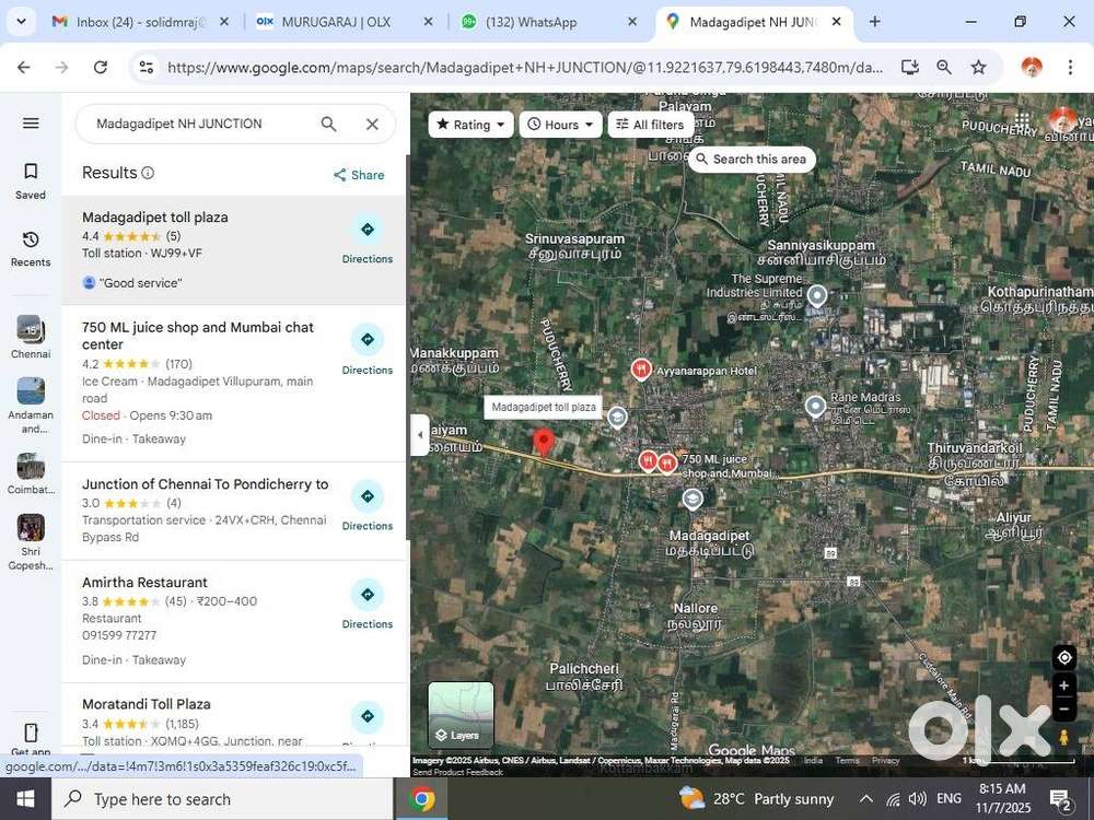 Land in Pondicherry to Villupuram NH Road