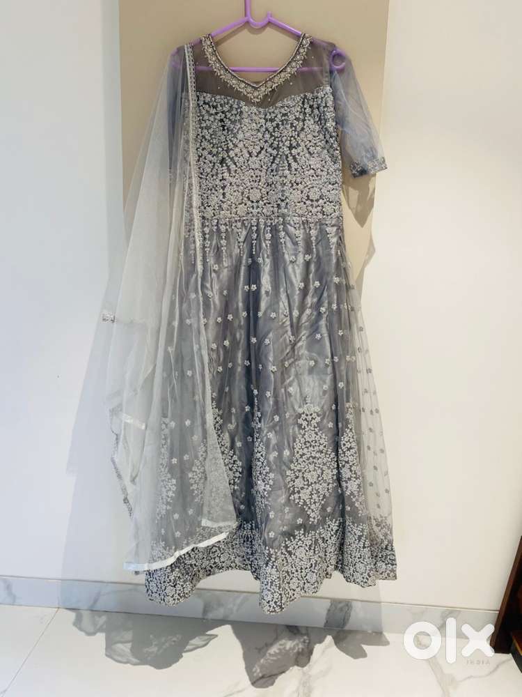Designer Silver Grey Gown with Heavy Work & Adjustable Fit