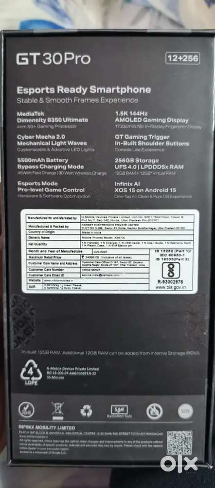 INFINIX GT 30 PRO 12GB RAM, 256M, WITH BOX AND GAMING KIT,
