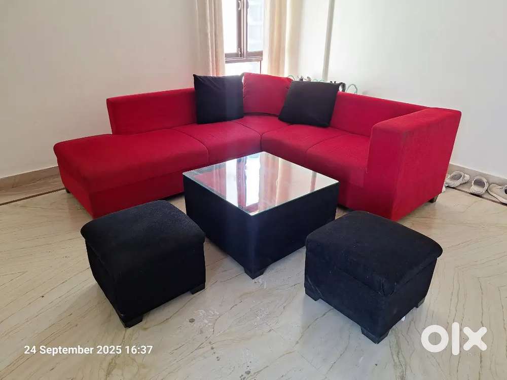 Red & Black Sofa Set with Center Table