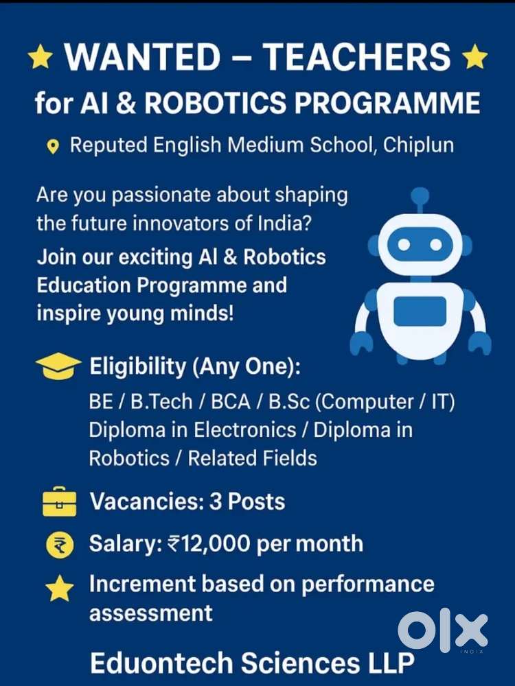 Teachers for AI & robotics trainig in a english medium school, chiplun