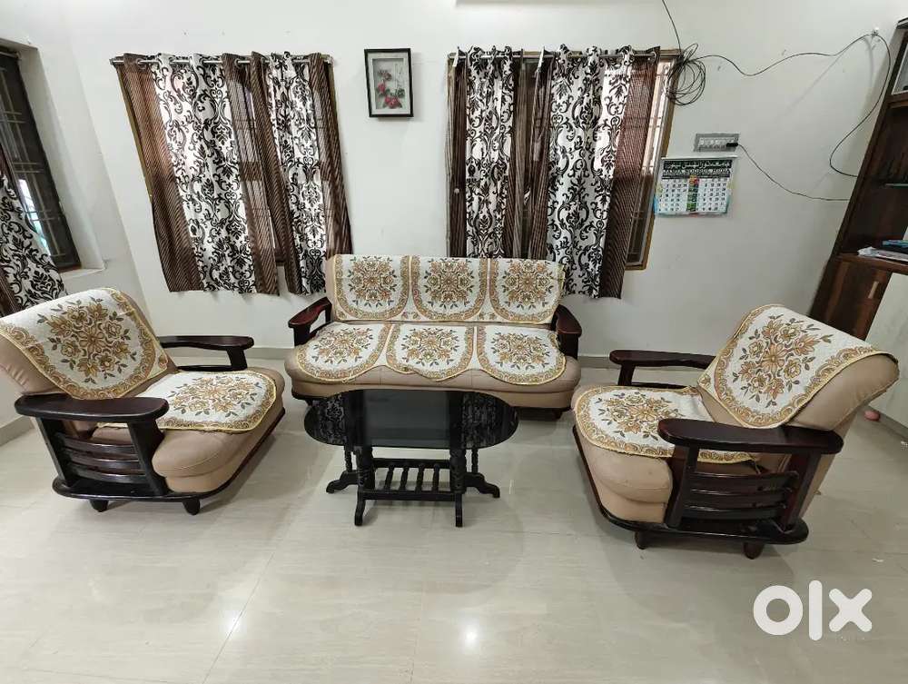 Wooden Sofa Set with Cushions & Glass Center Table