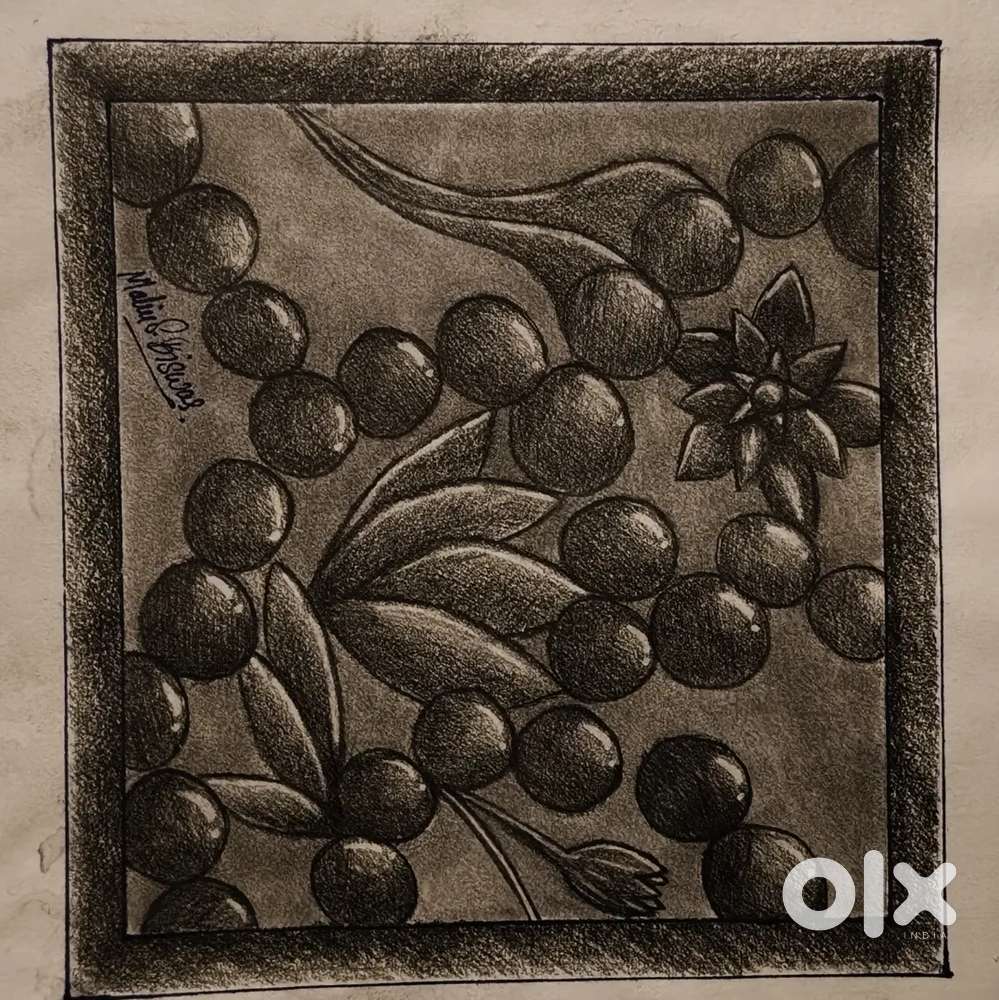 Handmade Pencil Sketch–Elegant Floral & Bead Design  Premium Wall Art