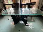 Glass top 5 seater dining table in pure sagwan wood base