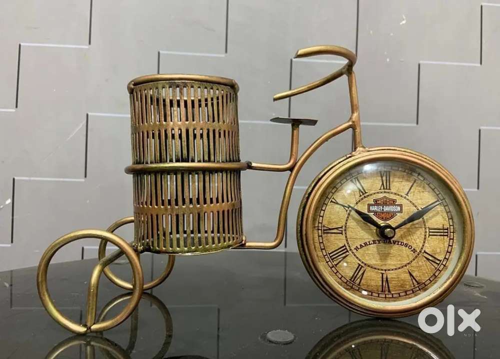 Antique iron bicycle clock with pen holder