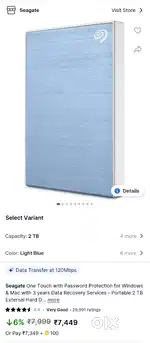 Seagate One Touch  Portable 2 TB External (HDD) (Light Blue)