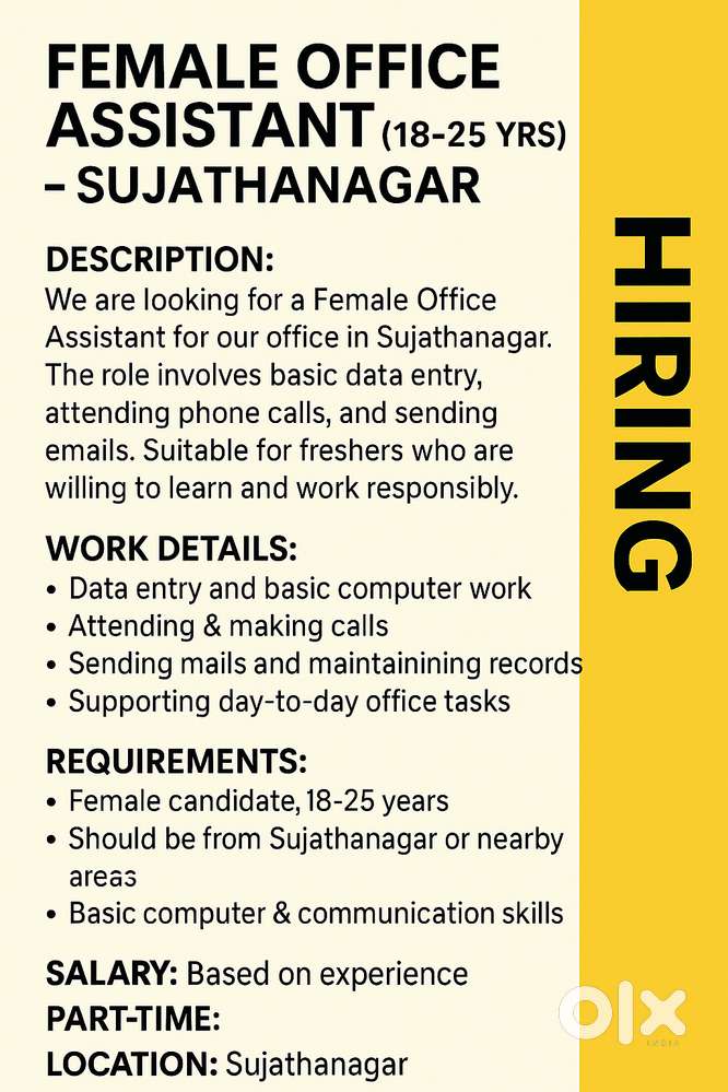 Hiring Female Office Assistant (18–25 yrs) – Sujathanagar