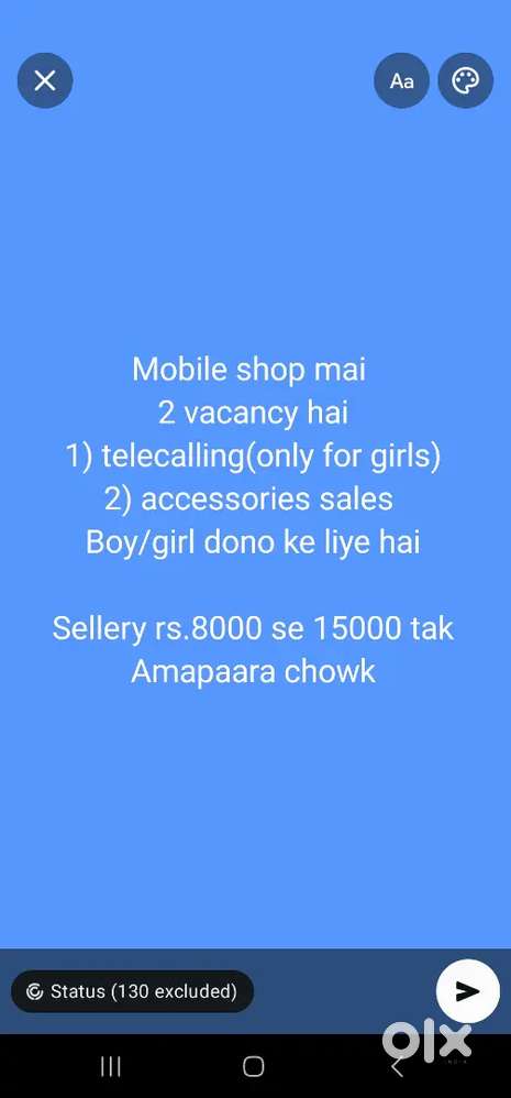 2 vacancy hai- 1) Telecalling only for girls , 2nd office boy/girl