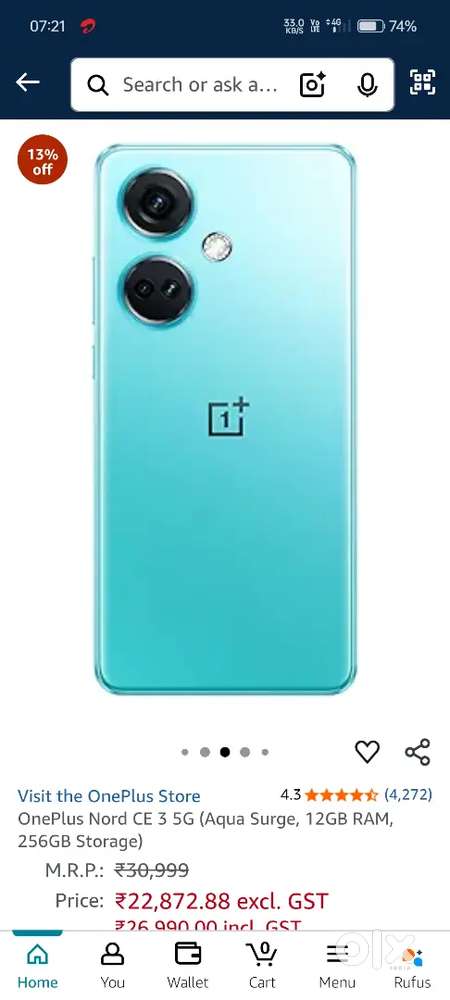 One plus ce 3 light 5g 8ram 256GB storeg