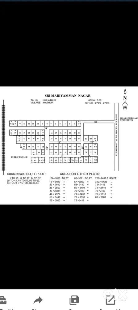 Mariyamman nagar Mathur  south facing plot Oposit Bharathidasan unisty