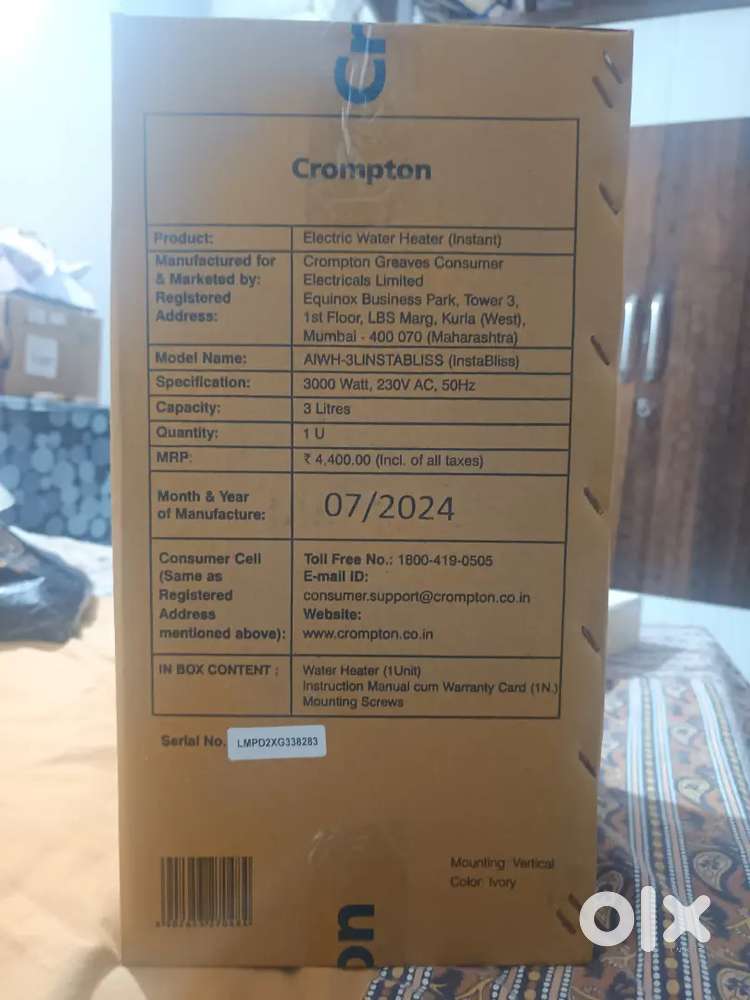 Crompton 3Ltr Gyser (new psc)