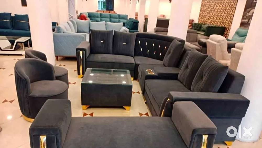 L shape sofa set with designing handle with golden cup holder