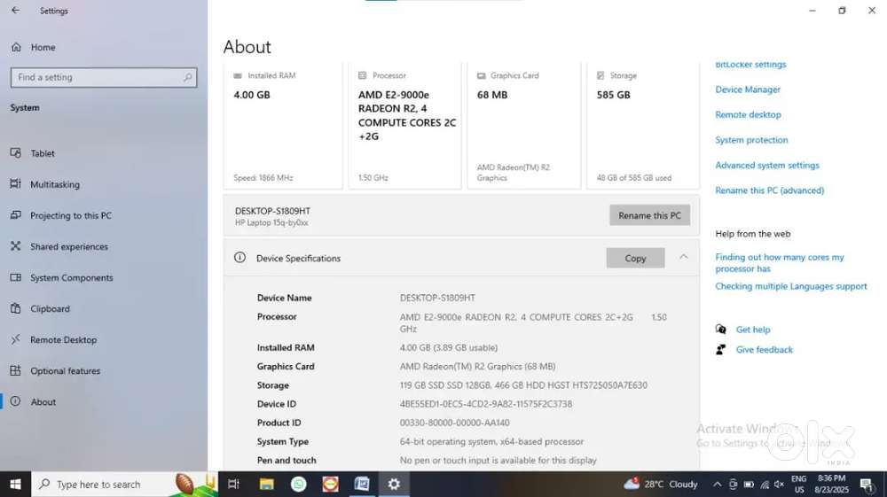 Hp laptop AMD processor with SSS 512 GB Ram 4GB