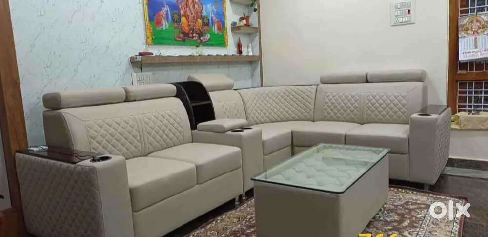 L shape sofa set with beautiful white colour and cup holder